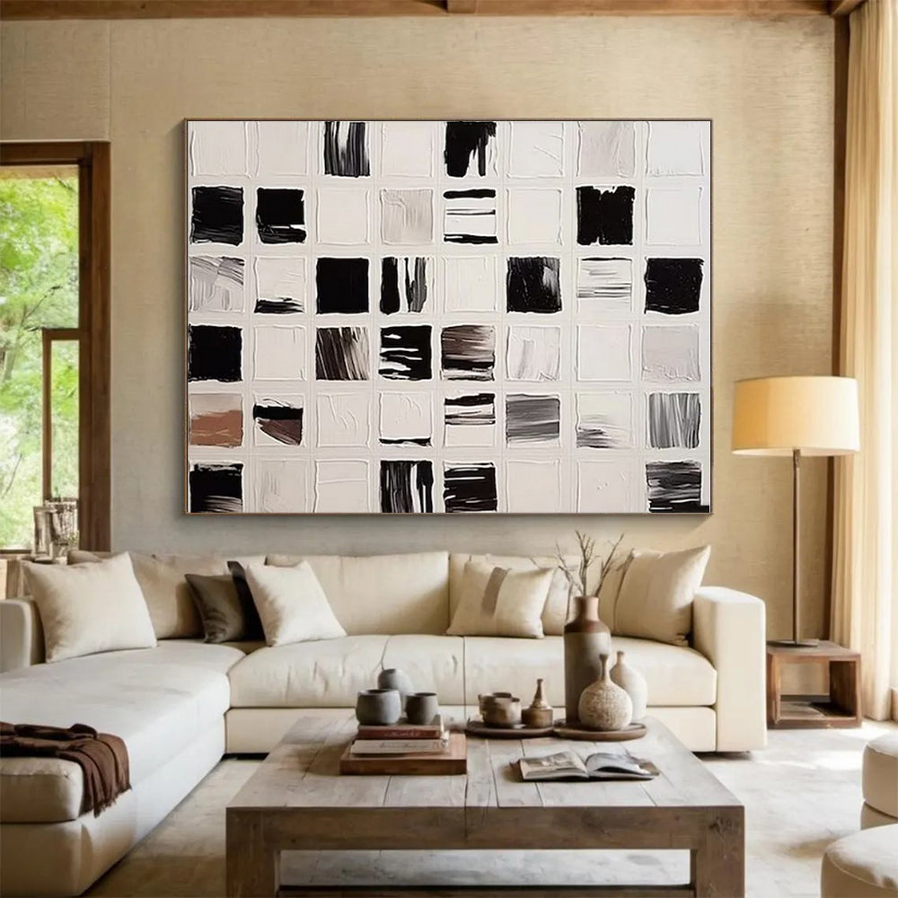 “Black & White Grid Textures” - Black, White Abstract Minimalist Painting On Canvas PS0676
