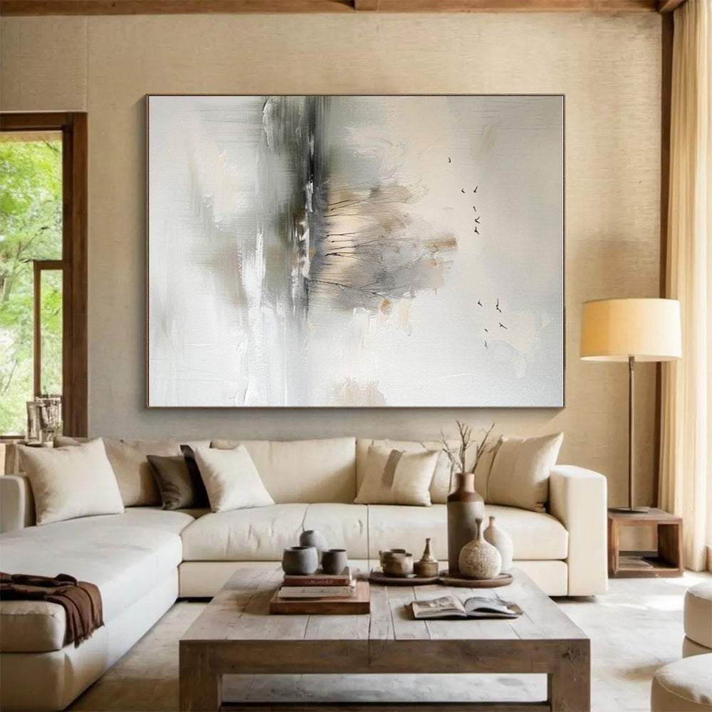 “Misty Landscape Serenity” - Gray, White, Beige Abstract Landscape Painting On Canvas PS0626
