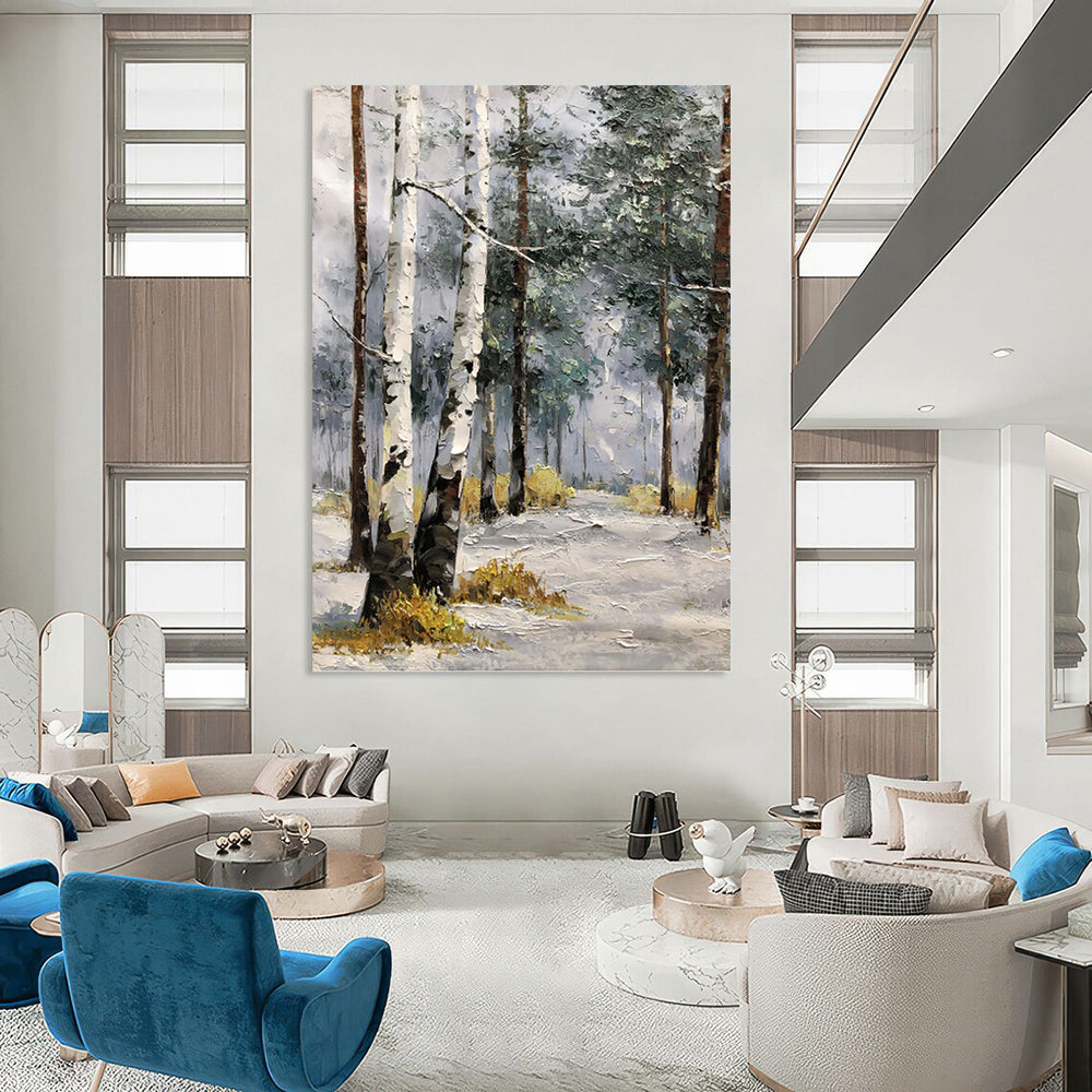 “White - Brown Winter Birch Path” - Impressionist Landscape Painting On Canvas PT1283