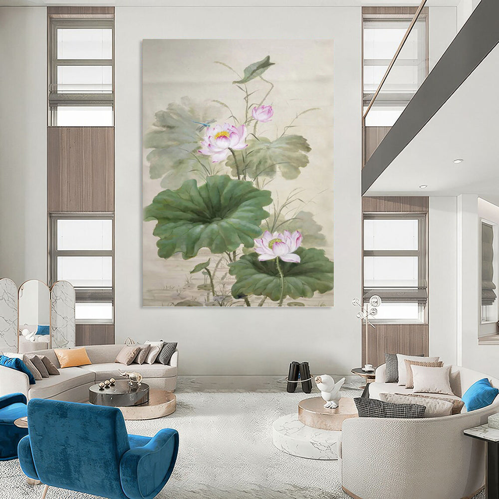 “Traditional Chinese Lotus” - Oriental, Floral - Themed Painting On Canvas PT1588