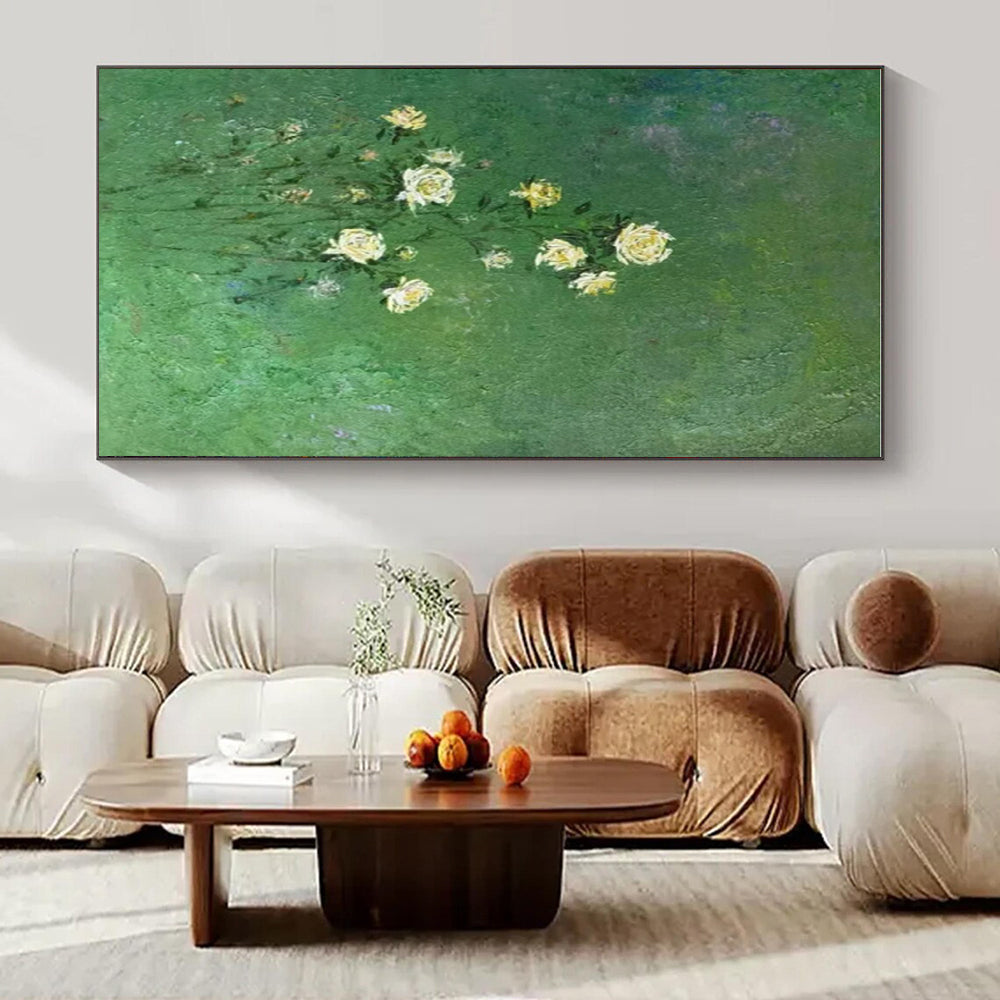 Green, White, Yellow with Delicate Flowers "Nature’s Whisper" Abstract Painting On Canvas PS1453