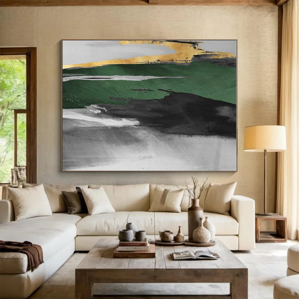 “Green - Gold Abstract Streaks” - Green, Gray, Gold, White Abstract Gestural Painting On Canvas PS0637