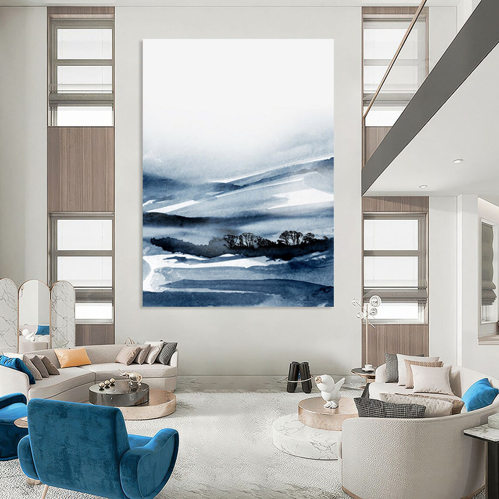 “Blue - Toned Ink - Wash Landscape” - Misty Mountains & Subtle Tree Forms Painting On Canvas DS231