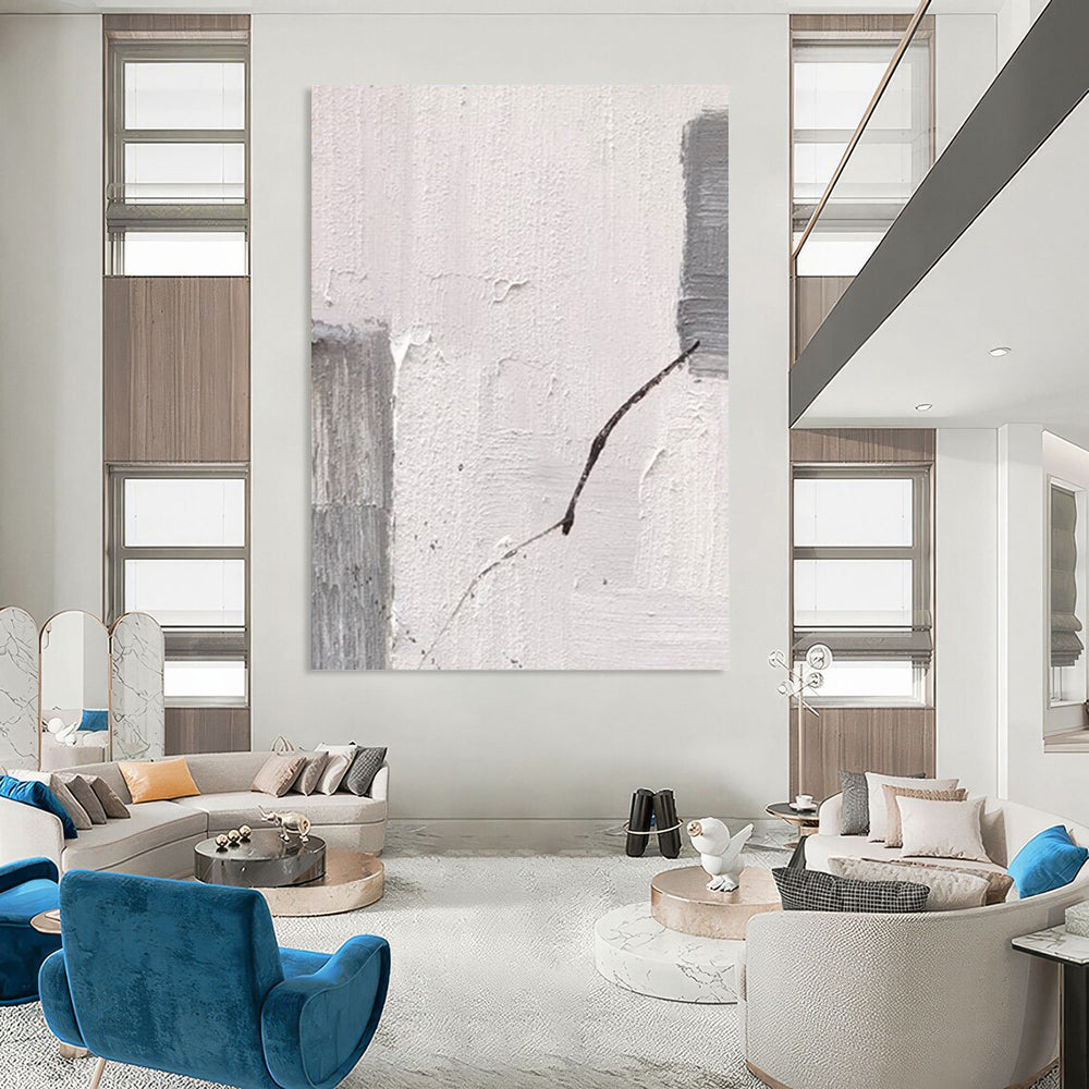 “White, Grey, and Curved Line” - Minimalist Line - Focused Painting On Canvas DS363