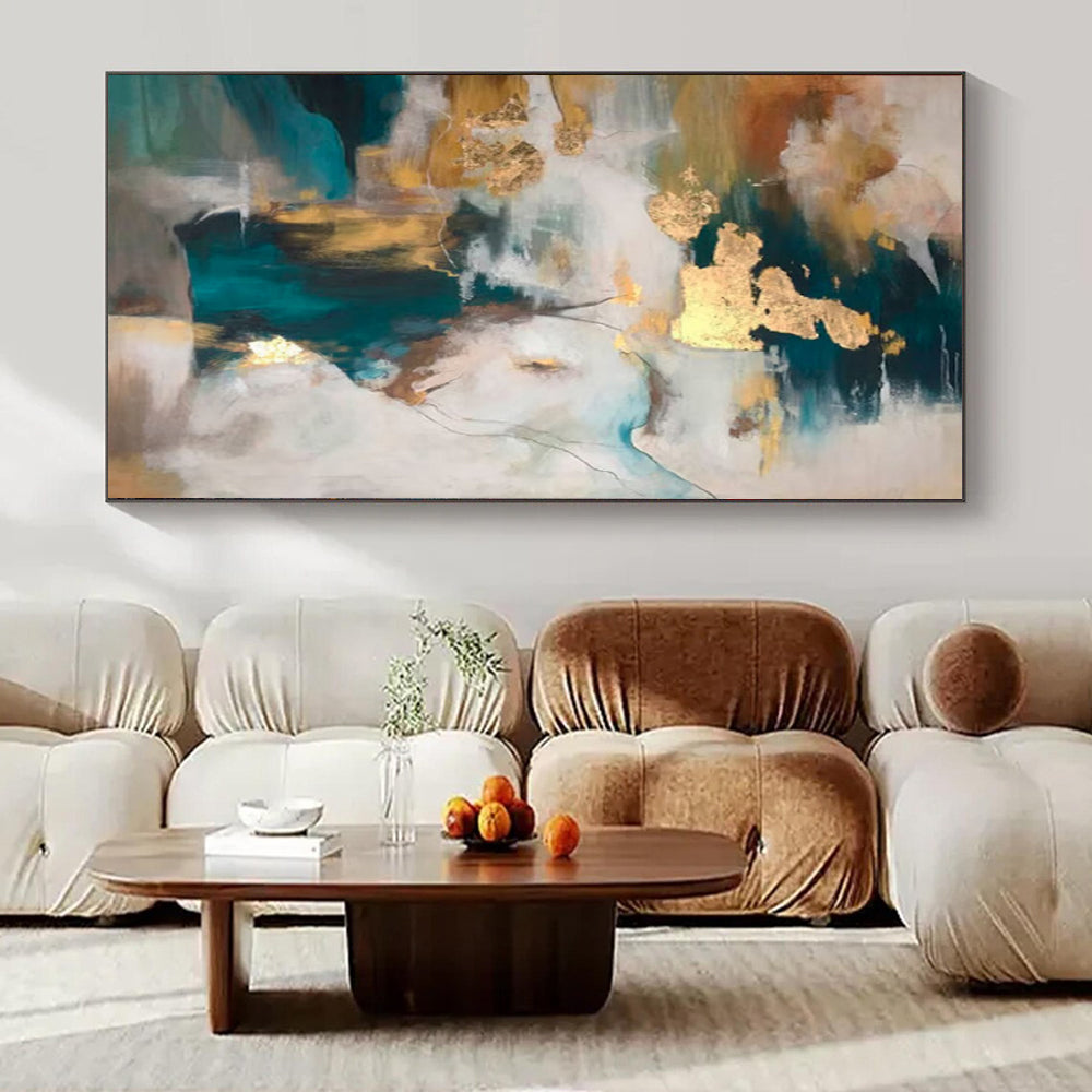 Teal, Gold, and White Abstract, "Dreamy Fusion" – Abstract Expressionist Painting On Canvas PS1002