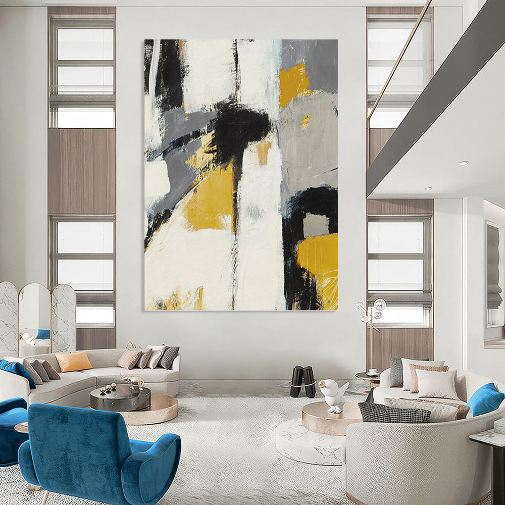 “Yellow, Gray, and Black Abstract” - Abstract, Bold - Colored Painting On Canvas PT1525