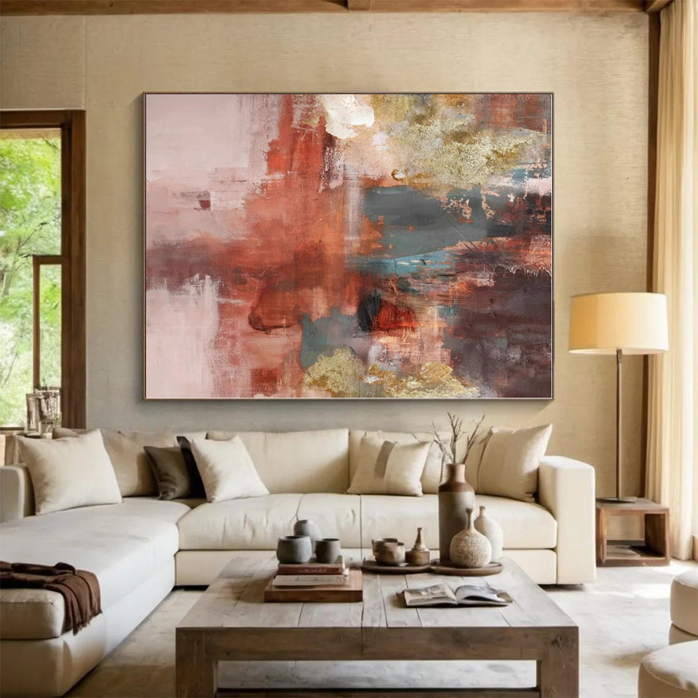 “Red - Gold - Teal Abstract Fusion” - Red, Gold, Teal Abstract Textured Painting On Canvas PS0583
