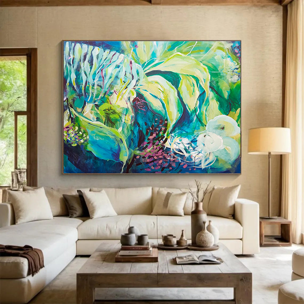 Vibrant Green & Blue Abstract Nature Painting On Canvas DKS055