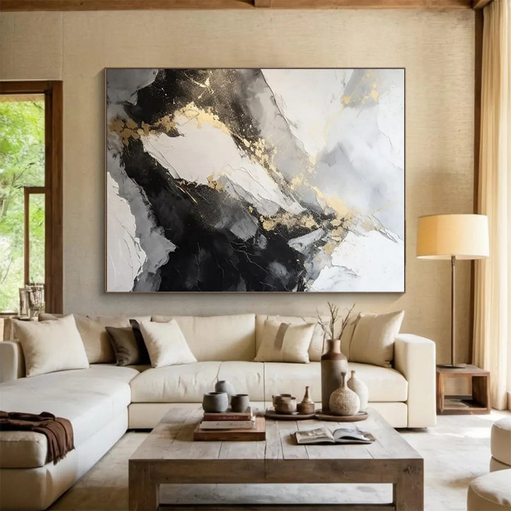 White, Gray, Black & Gold Abstract "Marble Peaks" Painting On Canvas PS0871