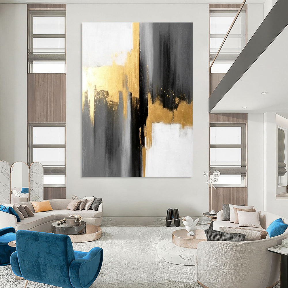 Gray - Gold Abstract Geometry Textured Painting On Canvas DS076