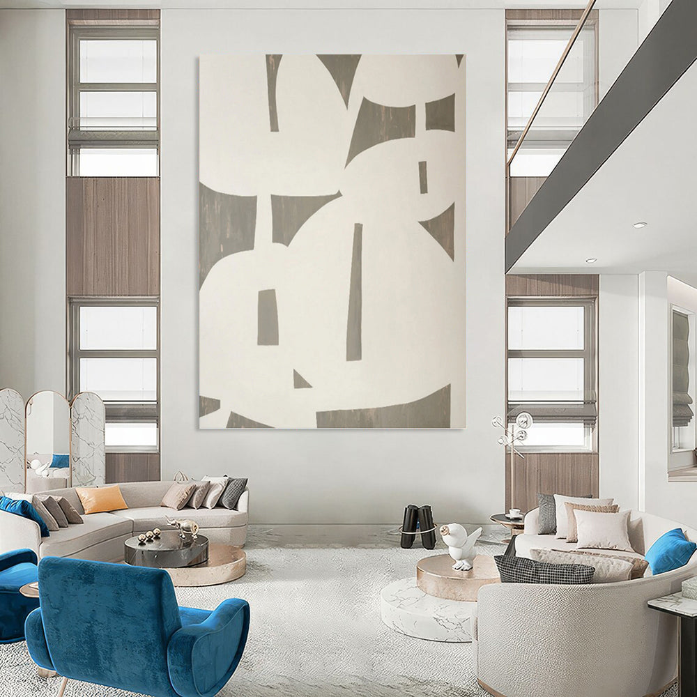 “Grey - White Geometric Cutouts” - Modern Abstract Shape Painting On Canvas PT1075