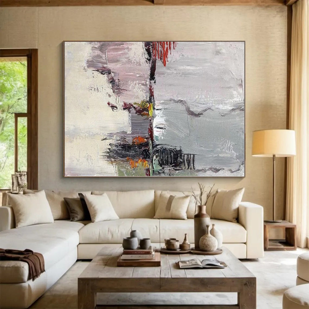 “Gray - Toned Abstract Scene” - Gray, Red, Yellow Abstract Landscape - Inspired Painting On Canvas PS0402