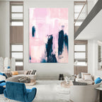 “Pink & Indigo Abstract Towers” - Soft Hues & Bold Forms Painting On Canvas DS179