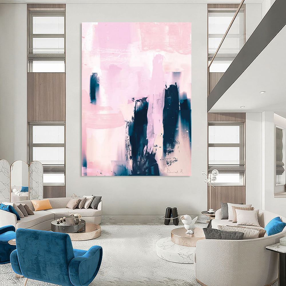 “Pink & Indigo Abstract Towers” - Soft Hues & Bold Forms Painting On Canvas DS179