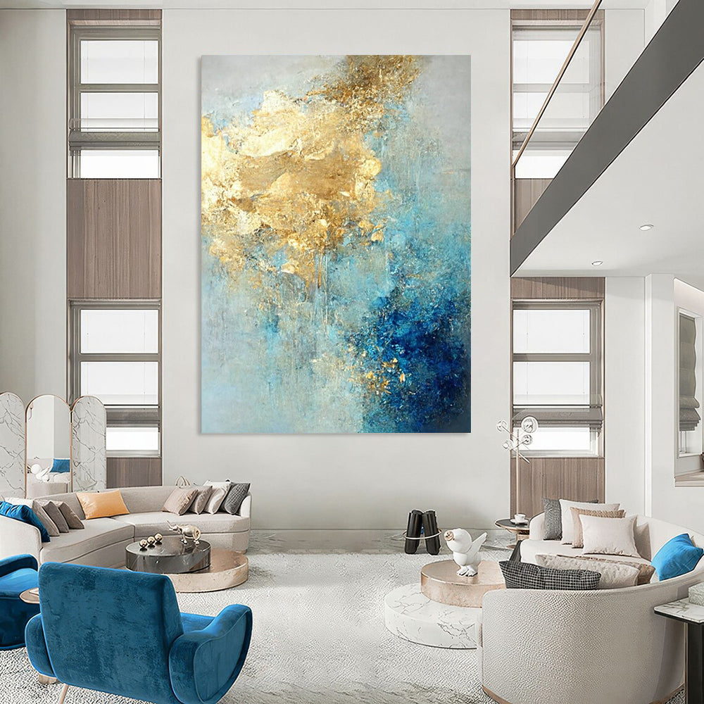 Blue - Gold Abstract Fusion Textured Painting On Canvas DS071