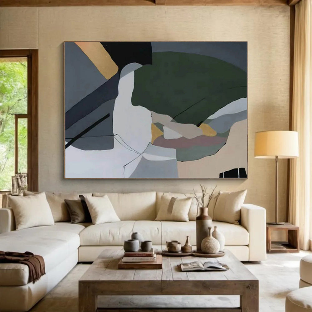 “Green - Grey - White Abstract Geometric Forms” - Subtle Abstract Painting On Canvas PS0350