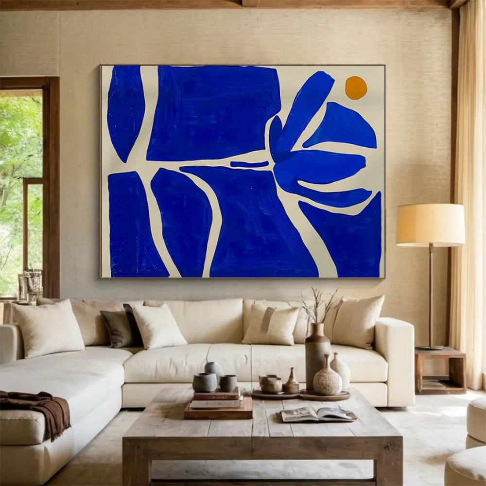 Blue, White & Orange Floral Abstract "Midnight Bloom" Painting On Canvas PS0872