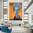 “Blue and Brown Abstract Headpiece on Orange” - Expressive Portrait - Inspired Painting On Canvas DS348