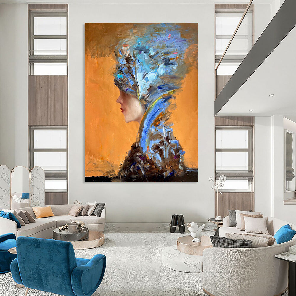 “Blue and Brown Abstract Headpiece on Orange” - Expressive Portrait - Inspired Painting On Canvas DS348