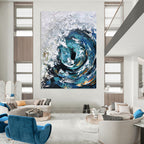 “Blue - White Swirling Wave” - Impasto Seascape Painting On Canvas PT1295