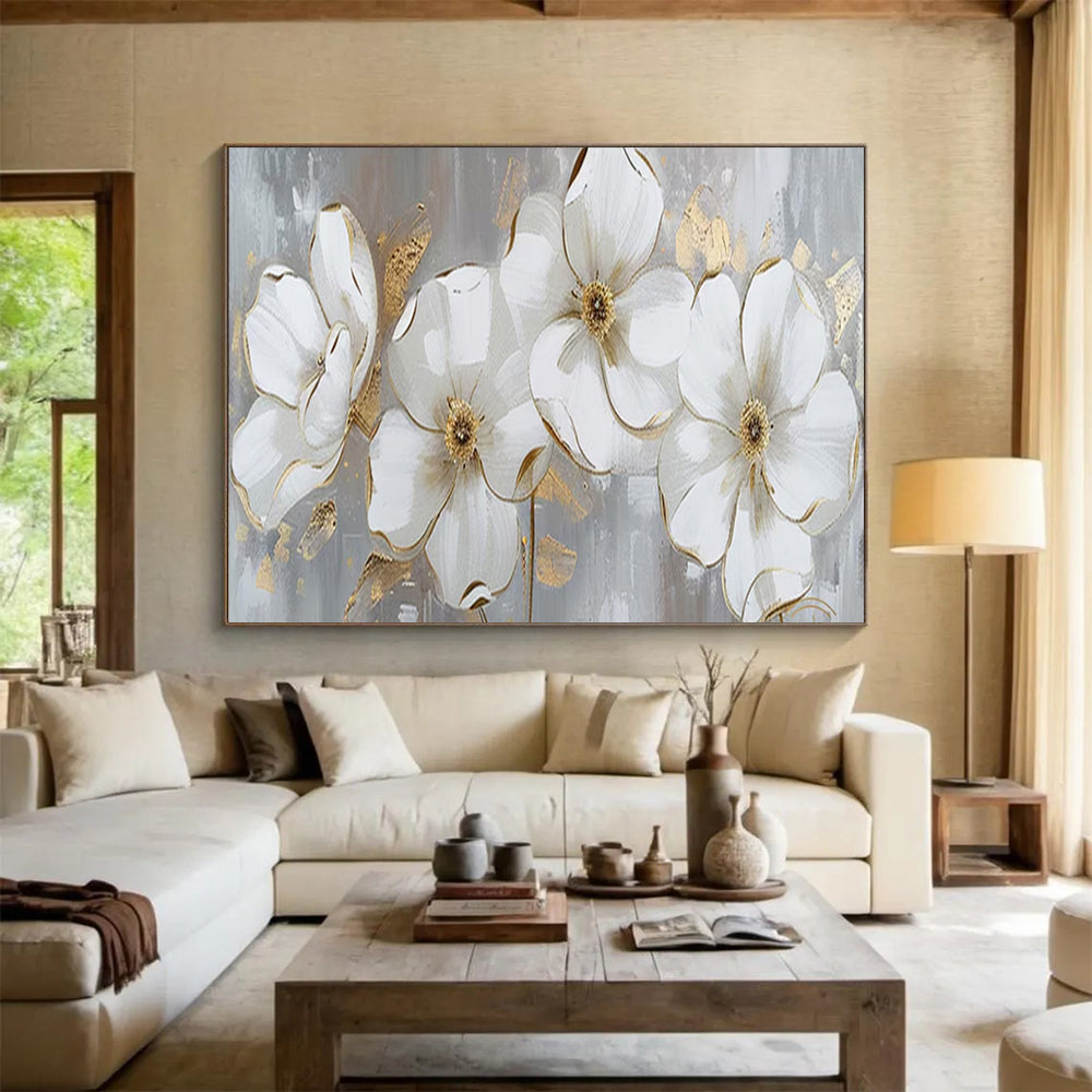 “White - Gold Floral Blooms” - Elegant Flowers “Gilded Garden” Painting On Canvas PT1653