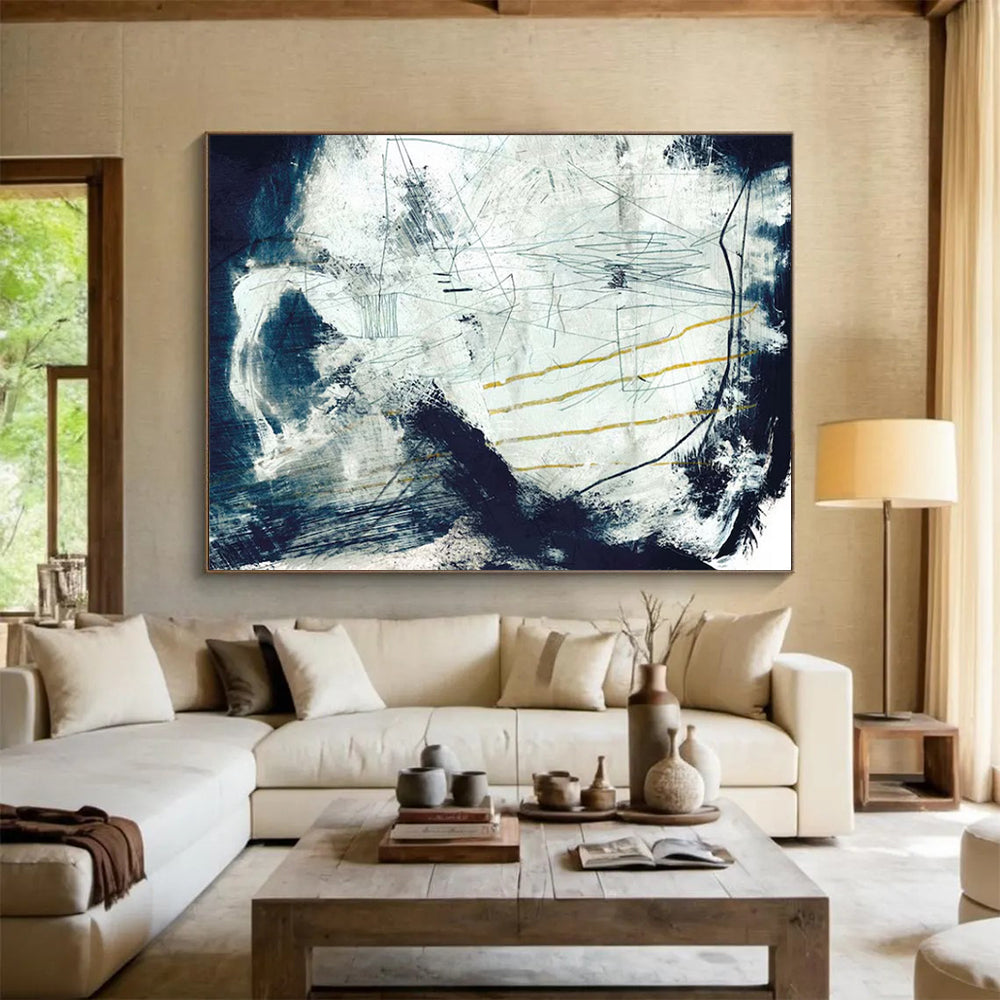 “Blue - Gray Abstract with Yellow Lines” - Textured Abstract Painting On Canvas PT141