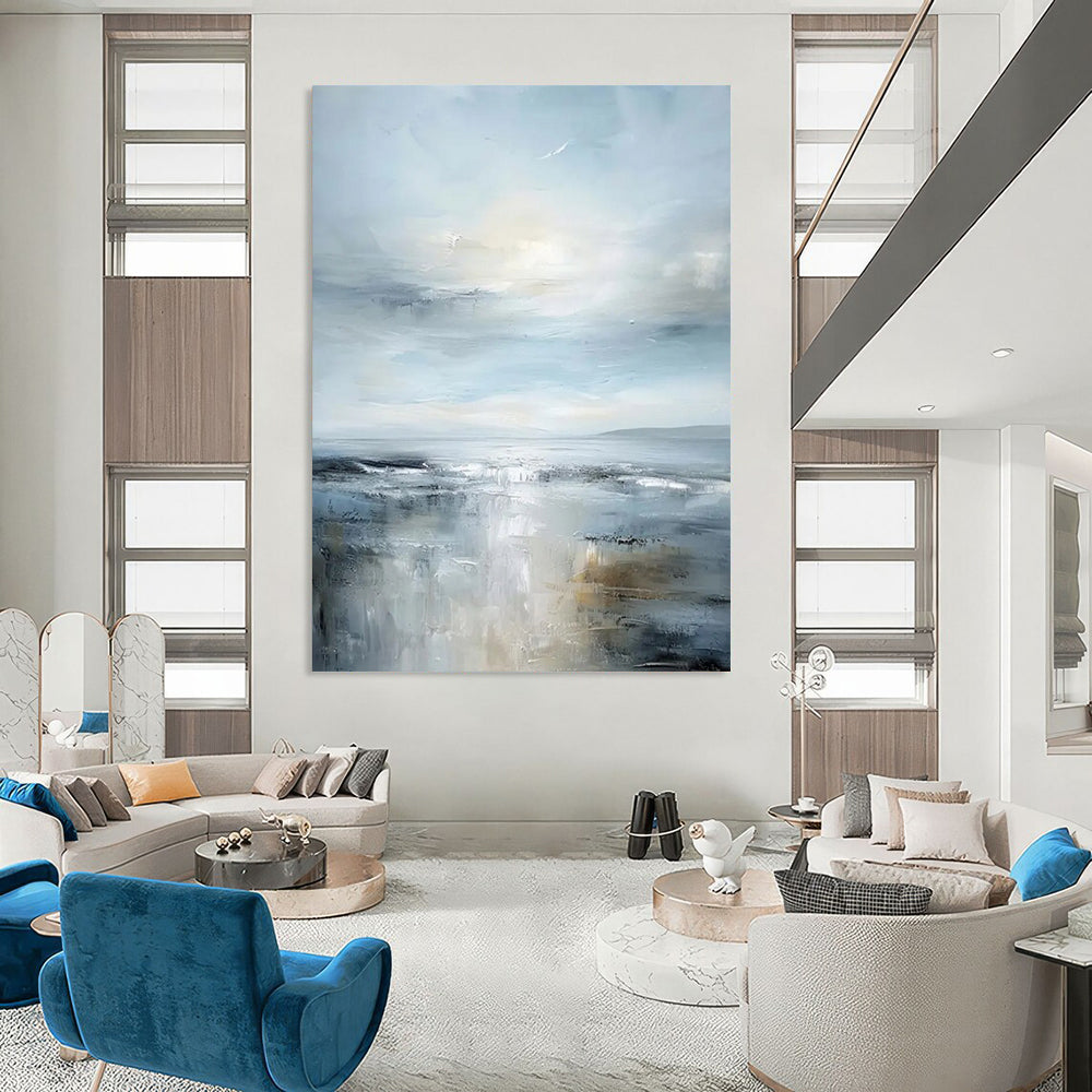 Soft Blue - Gray Calm Seascape Impressionistic Landscape Painting On Canvas DS059