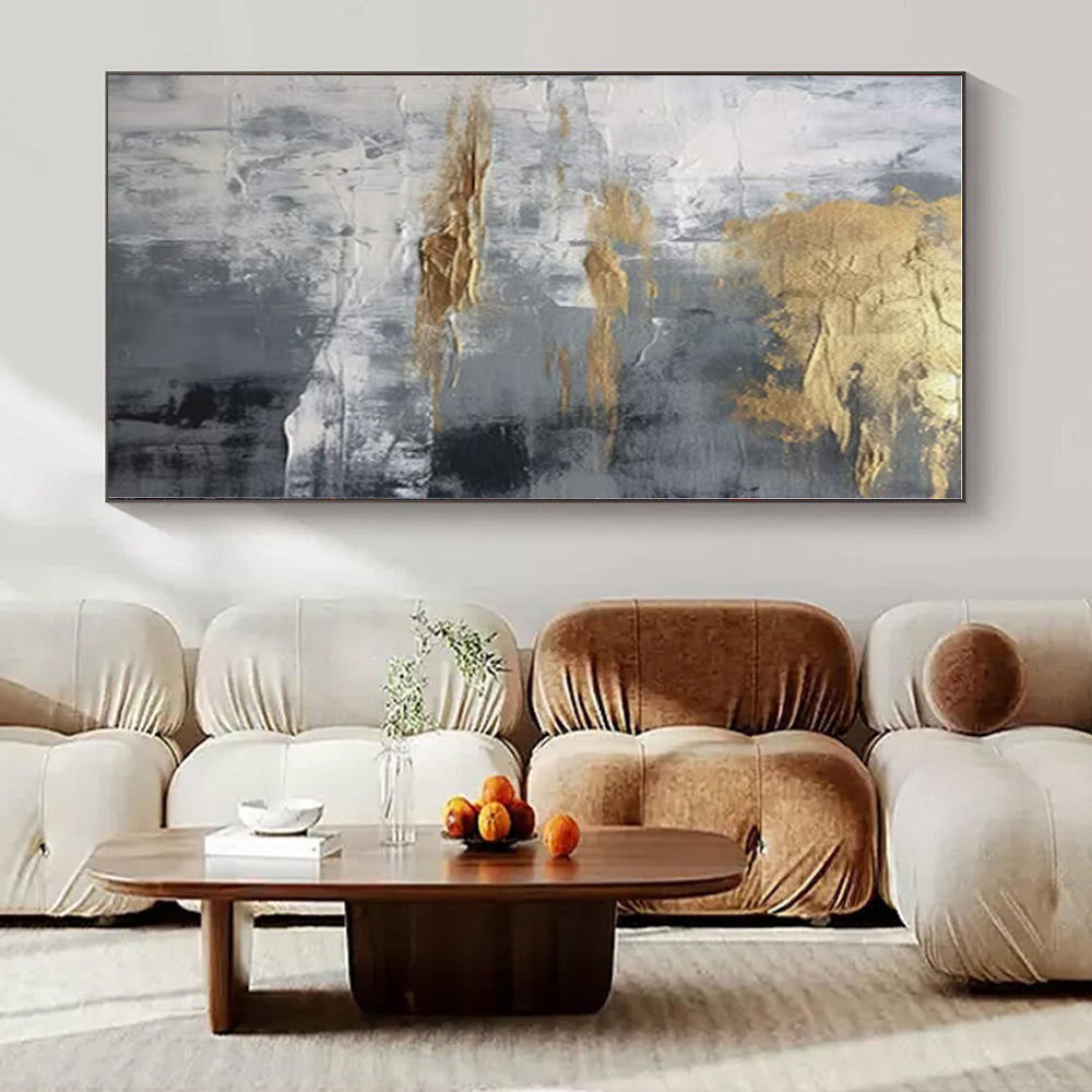 Gray, Gold, White with Textured Abstract "Gilded Grayscale" Abstract Painting On Canvas PS1260
