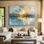 “Cityscape Reflection in Blues and Golds” - Cubist - Inspired Landscape Painting On Canvas PT050