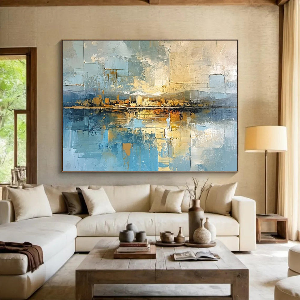 “Cityscape Reflection in Blues and Golds” - Cubist - Inspired Landscape Painting On Canvas PT050
