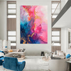 “Pink, Blue & Gold Ink Flow” - Fluid Abstract Painting On Canvas DS286