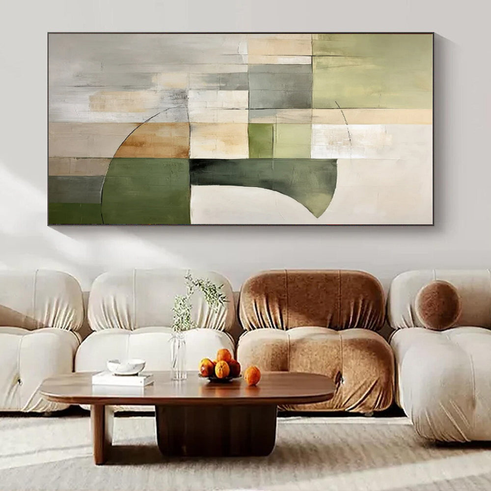 Green, Beige, Gray with Geometric Mix "Balanced Nature" Abstract Painting On Canvas PS1458