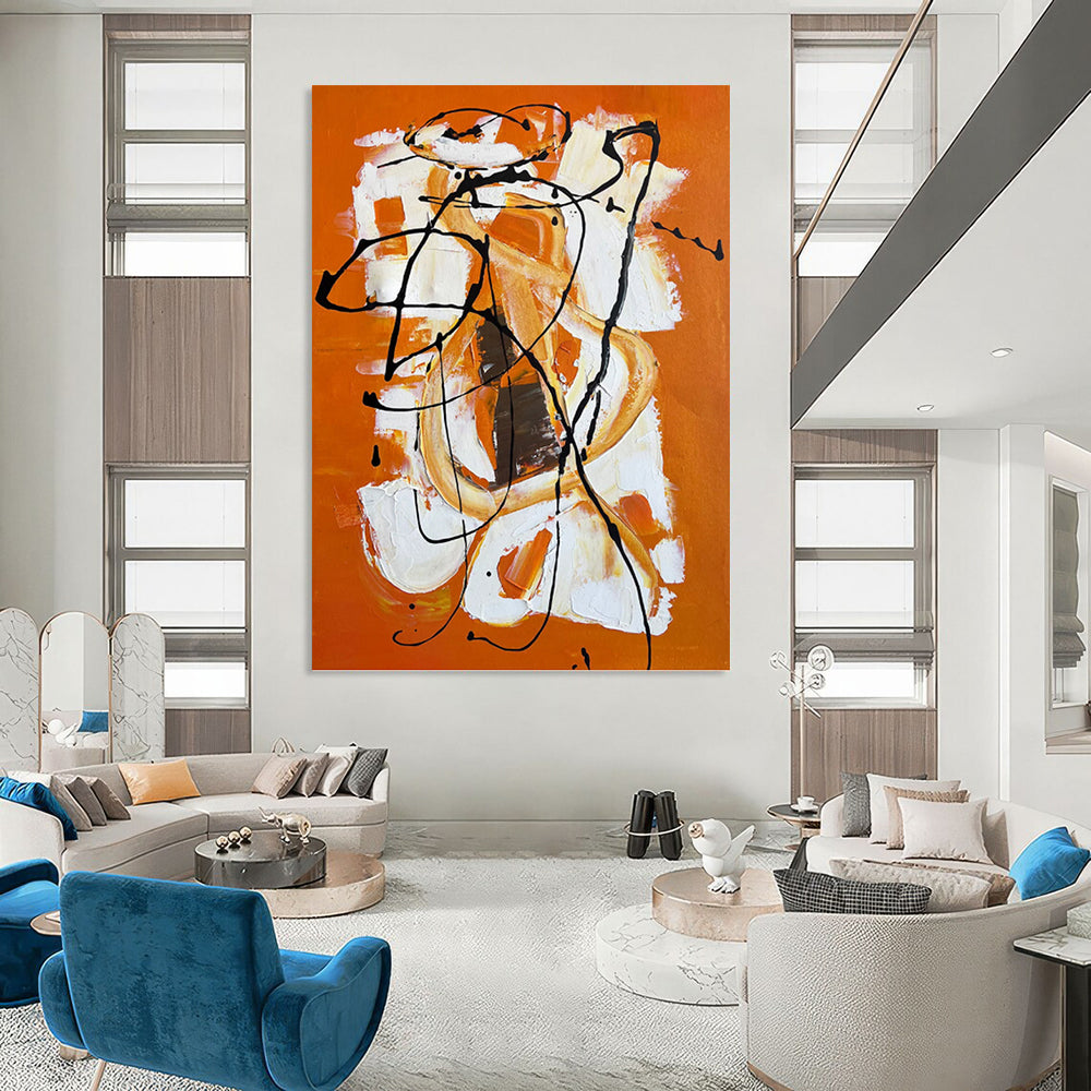 “Orange - White - Black Abstract Swirls” - Abstract Expressionist Painting On Canvas PT1221
