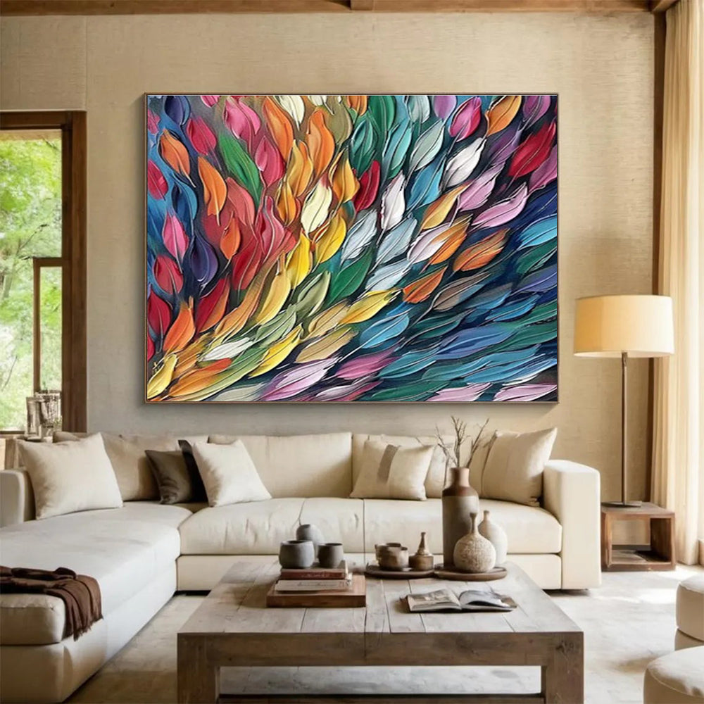 “Colorful Feather Cascade” - Rainbow - Hued Abstract Feathers, Textured Acrylic Painting On Canvas DKS689