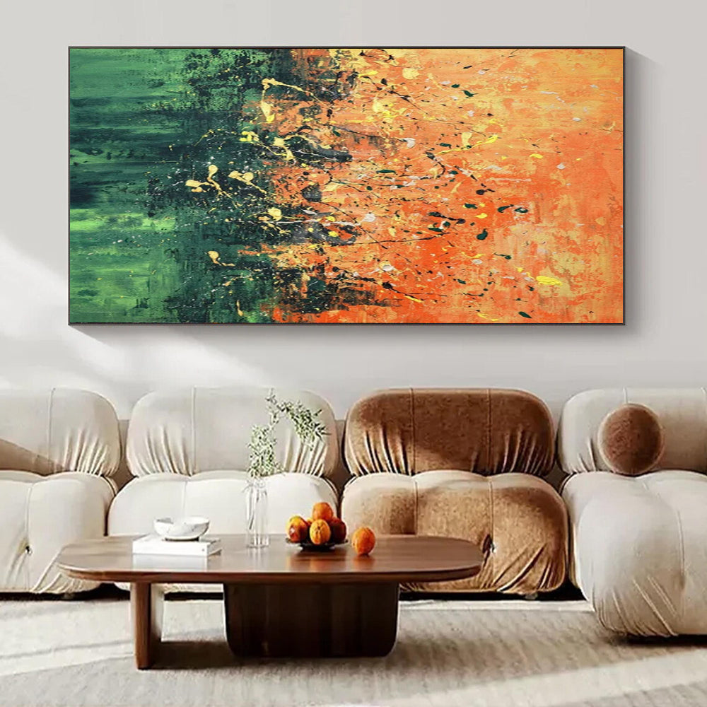 Orange - Green Splatter, "Sunset Garden" – Abstract Expressionist Painting On Canvas PS0926