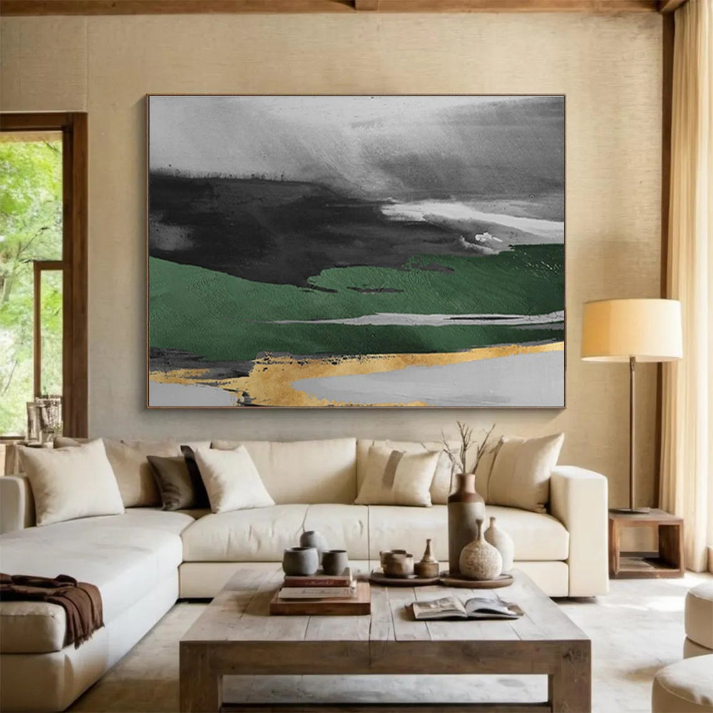 “Green and Gold Abstract Landscape” - Abstract Landscape Painting, Ideal for Dining Room & Entryway DKS606