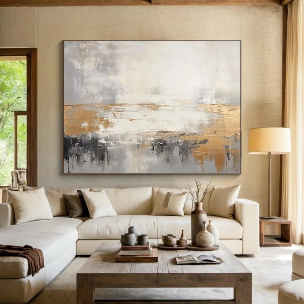 “Gray, Gold, and White Abstract Horizon” - Minimalist Abstract Painting On Canvas PT108