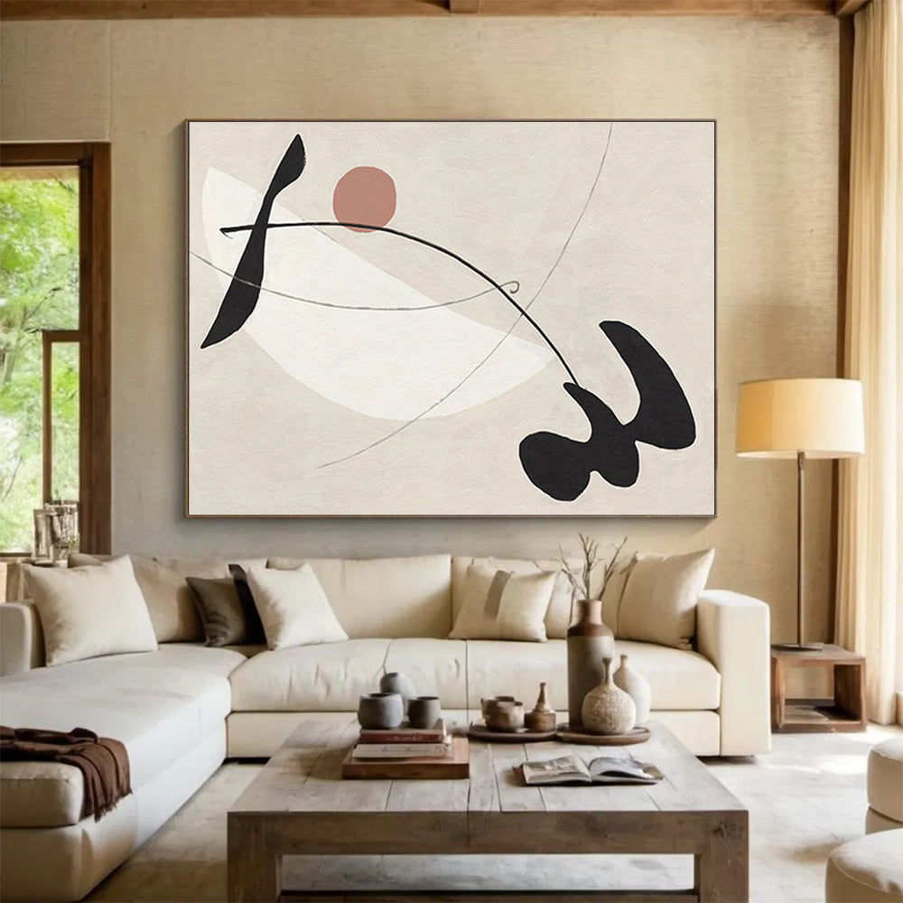 “Abstract Geometric Dance” - Beige, Black & Pink Abstract, Modern Ink Painting On Canvas DKS738