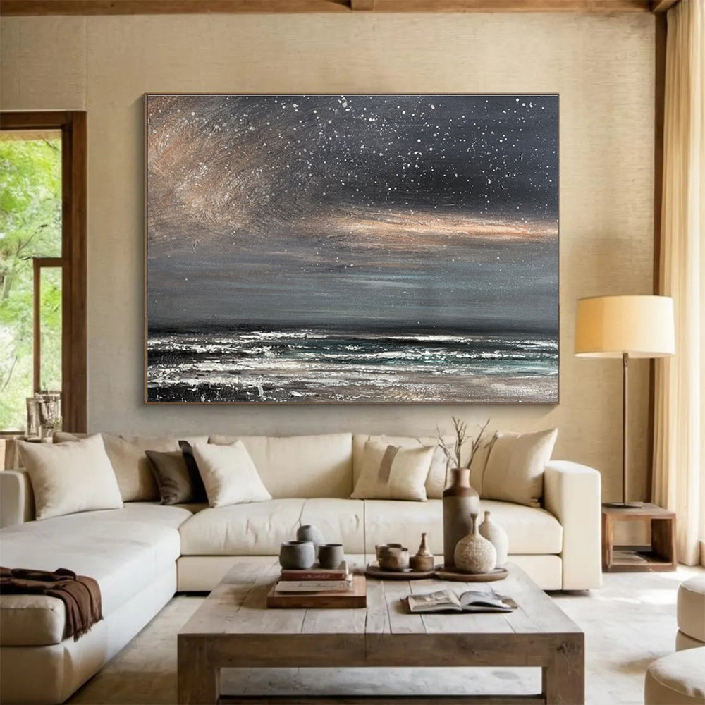 Dark Sky with Stars Over Grey - White Sea Seascape Painting On Canvas DKS105