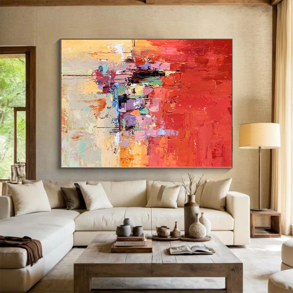 “Vibrant Red - Based Abstract Cityscape” - Expressive Abstract Painting On Canvas PS0291
