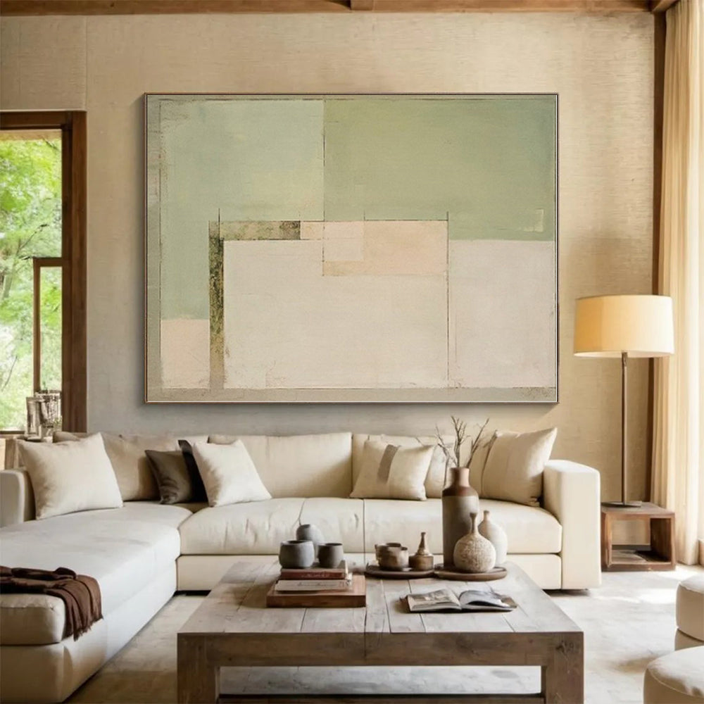 “Soft Green Blocks” - Light Green, Beige Abstract Minimalist Painting On Canvas PS0398