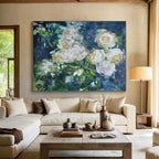 White Roses with Green, "Blurred Blooms" – Impressionistic Floral On Canvas PS0892