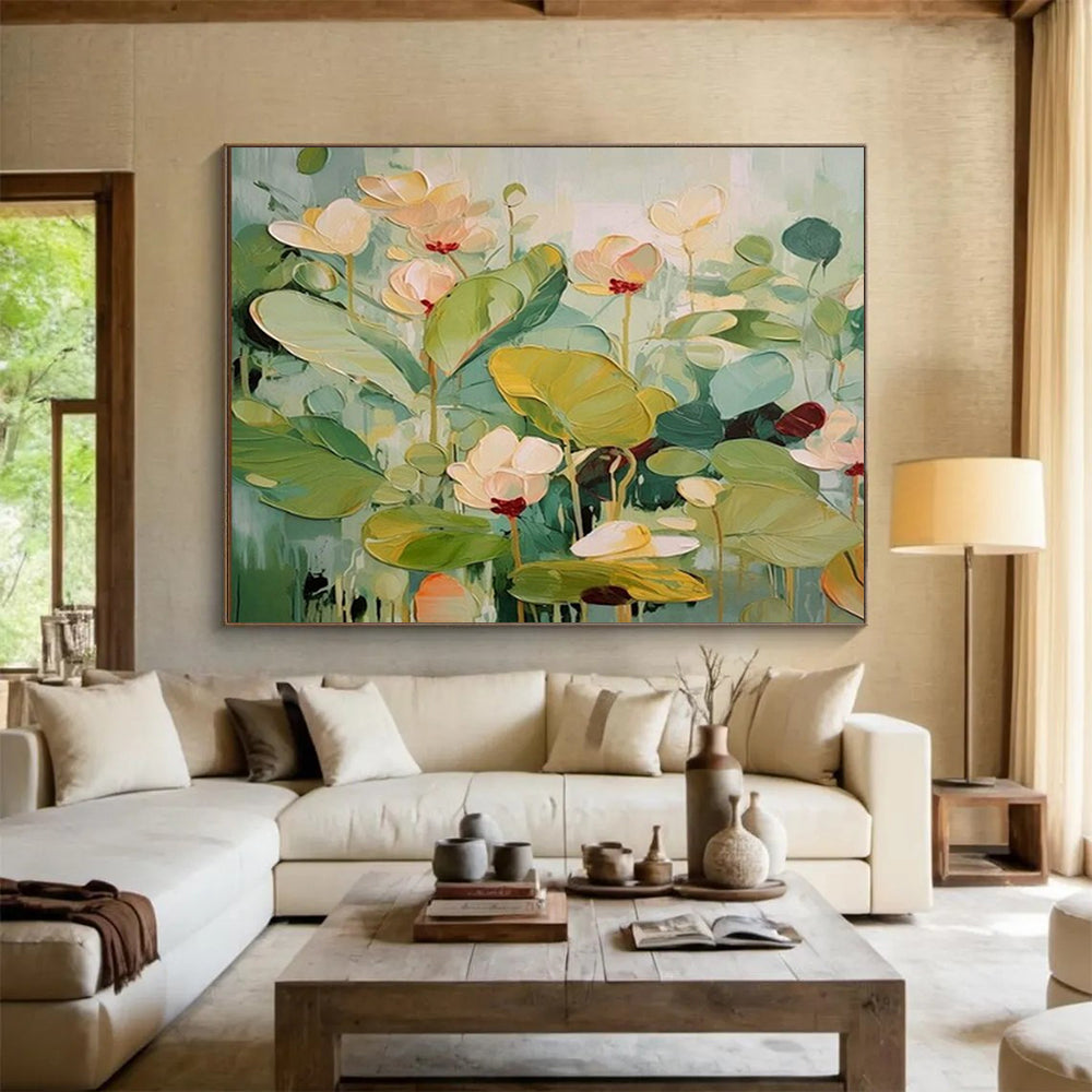 “Pastel - Toned Lotus Blooms” - Impressionistic Oil Painting on Canvas PT1494