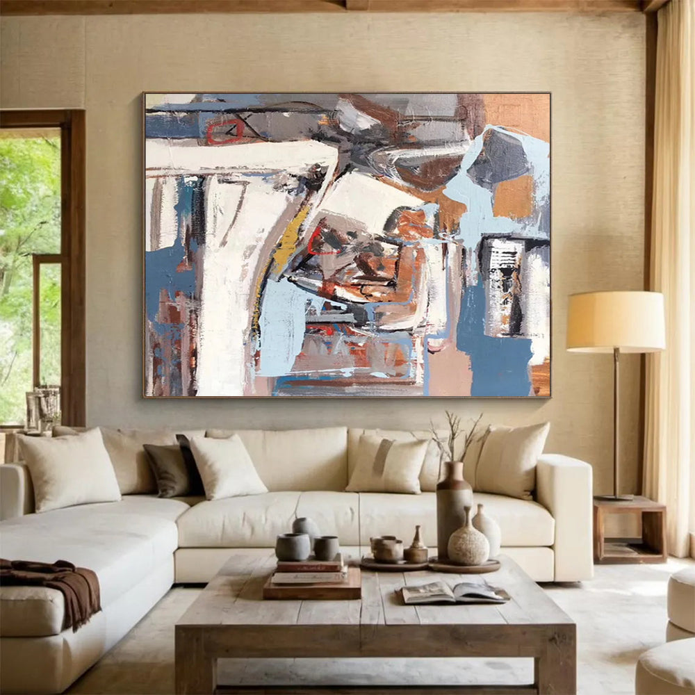 “Abstract Coastal Collage in Blues, Browns & Grays” - Modern Mixed - Media Painting On Canvas PT026