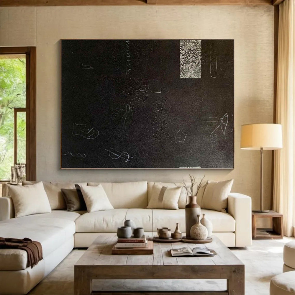 “Black - White Symbolic Abstraction” - Black, White Abstract Painting On Canvas PS0470