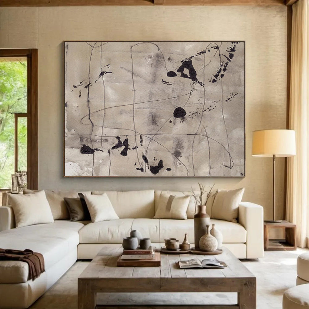 “Ink - like Abstract Lines” - Minimalist Black - White Painting On Canvas DKS446