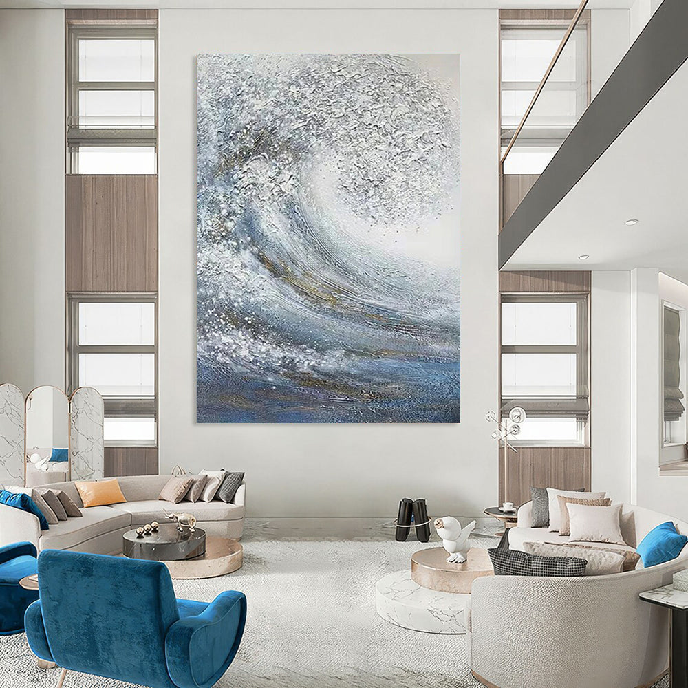 “Silver and Blue Wave” - Textured Seascape Painting On Canvas DS337