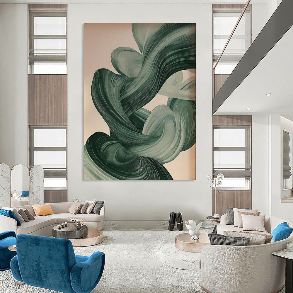 “Flowing Green Abstract Ribbons” - Abstract Modern Painting On Canvas PT1928