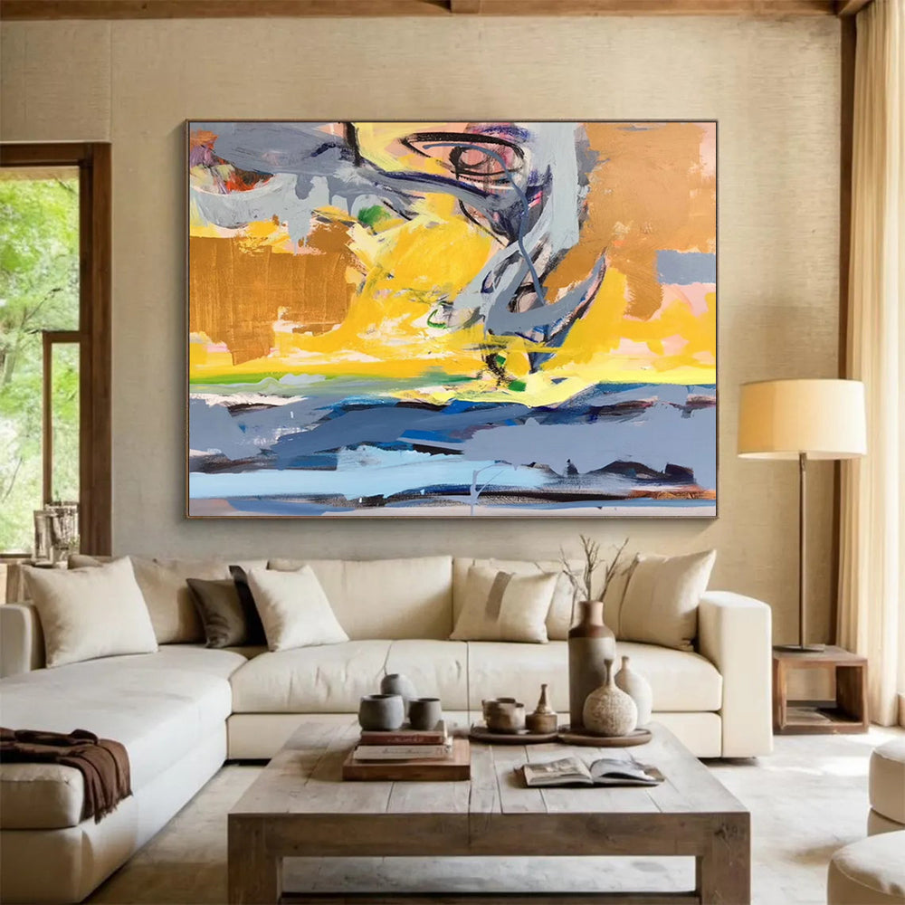 “Dynamic Abstract Coastal in Yellows, Grays & Blues” - Energetic Modern Oil Painting On Canvas PT034