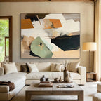 “Orange & Green Abstract Collage” - Orange, Green, Gray, White Abstract Mixed - Media Painting On Canvas PS0756
